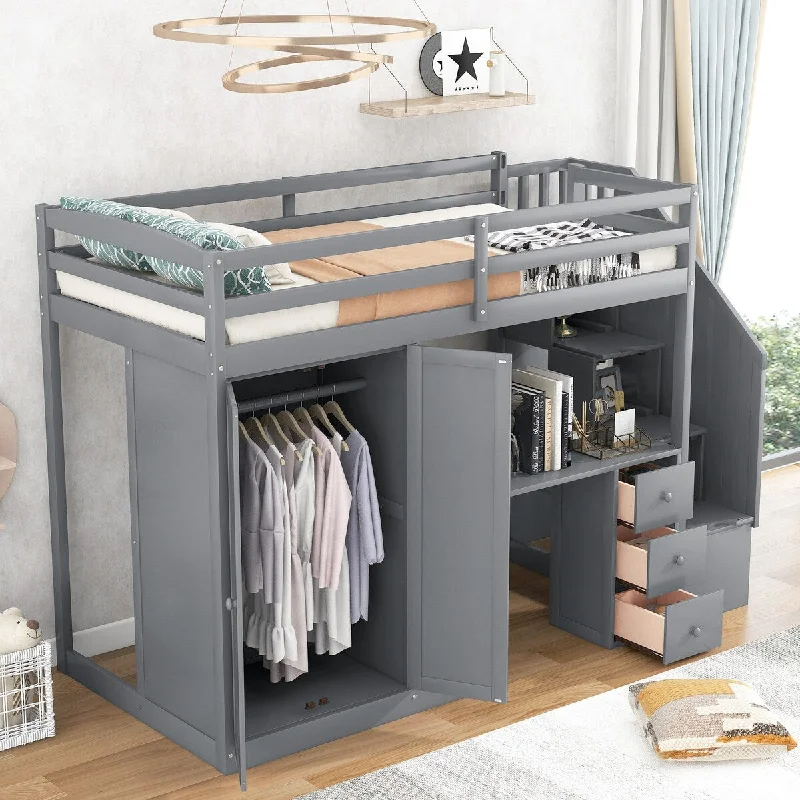 Twin Size Loft Storage Bed w/ Desk, Stairs and Storage Wardrobe, Wood High Loft Platform Bed w/ Drawers & Cabinet for Kids, Gray