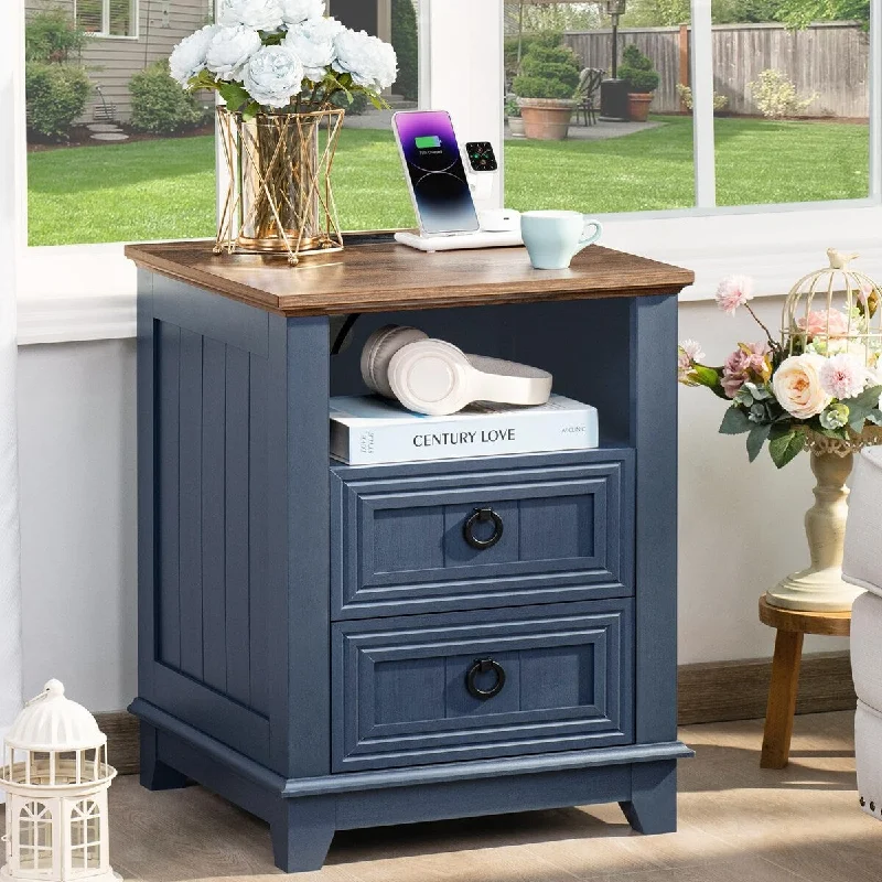 18" Farmhouse Night Stand with Charging Station, 2 Drawers End Table Dresser, Wooden Nightstand, Bed Side Table with Open Shelf