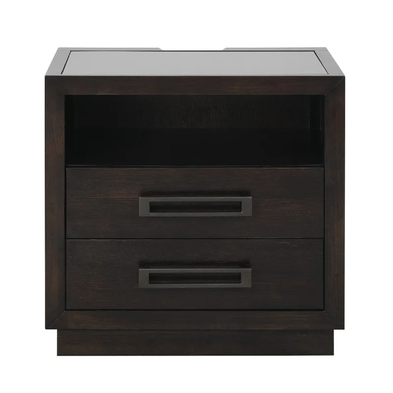 1pc Nightstand of 2x Drawers LED Light Storage Cubby USB Ports Power Outlets Charcoal Finish Glass Insert Top Bed-Side Table