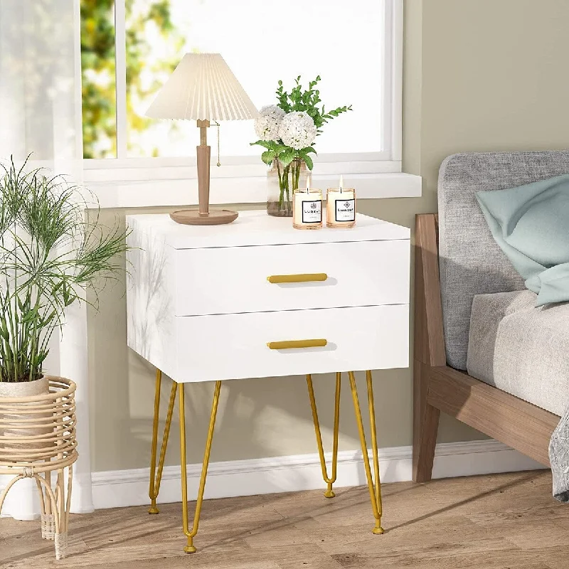 2 Drawer Nightstand, White and Gold Bed Side Table with Hairpin Legs