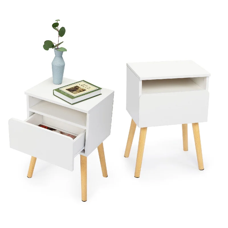 2-piece Modern Bedside Table, Mudroom White Display Cabinets, Bedroom Coffee Table with Drawers & Shelve End Table Storage Table