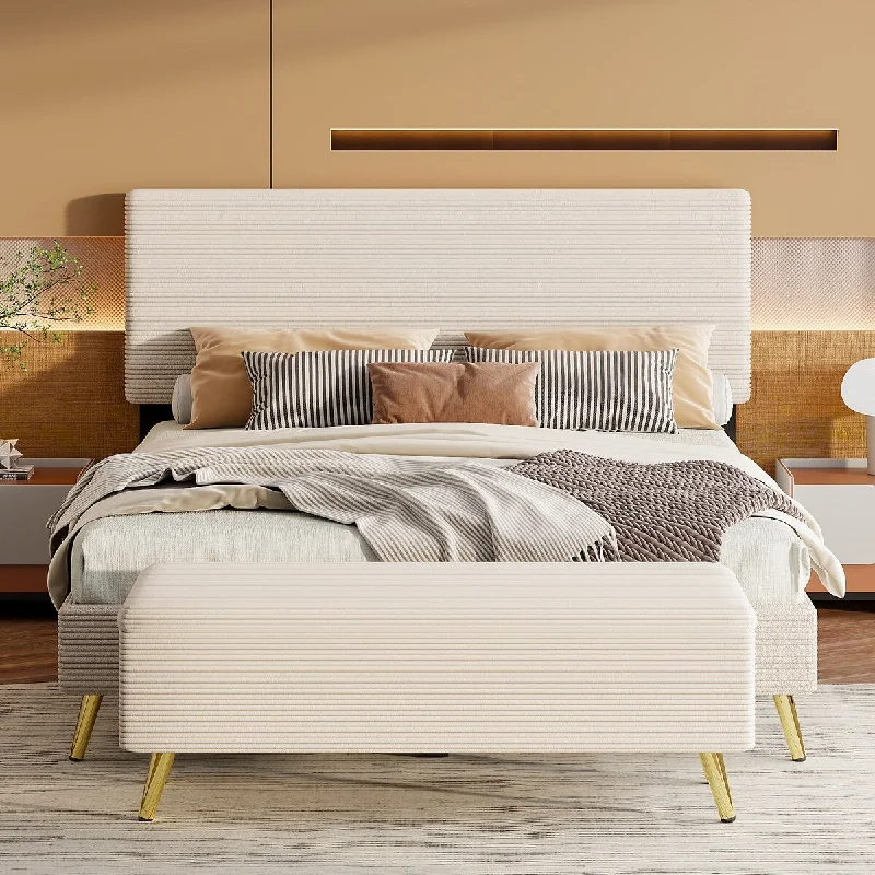 2 Pieces Bedroom Sets Queen Size Upholstered Bed Frame, Modern Corduroy Storage Ottoman,Beige