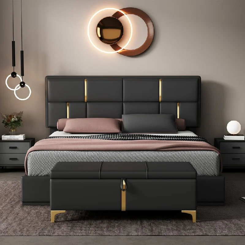 2-Pieces Bedroom Sets,Queen Size Upholstered Platform Bed with Storage Ottoman