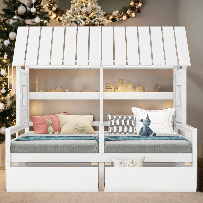 2 Side by Side Twin Size Platform Beds with Two Drawers for Home