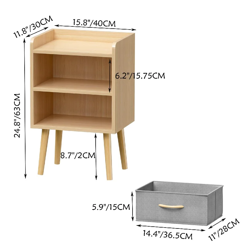 2-Tier Storage End Table, Collapsible Fabric Drawer, Storage Cabinet for Bedroom, Wood Side Table Living Room Nightstand - Oak