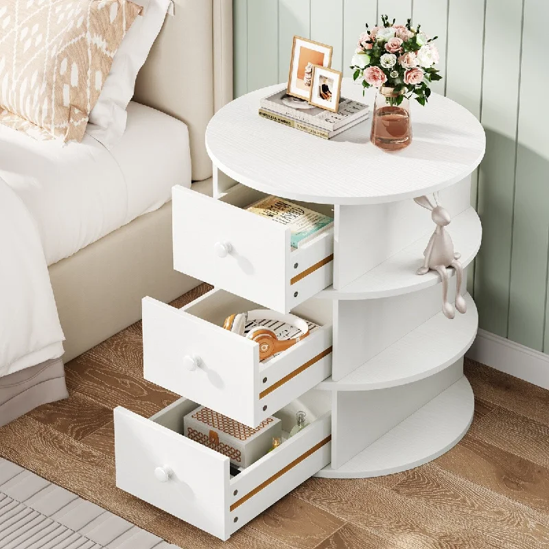 3-drawer Bedside Table Round Nightstand with Wood Shelf for Bedroom