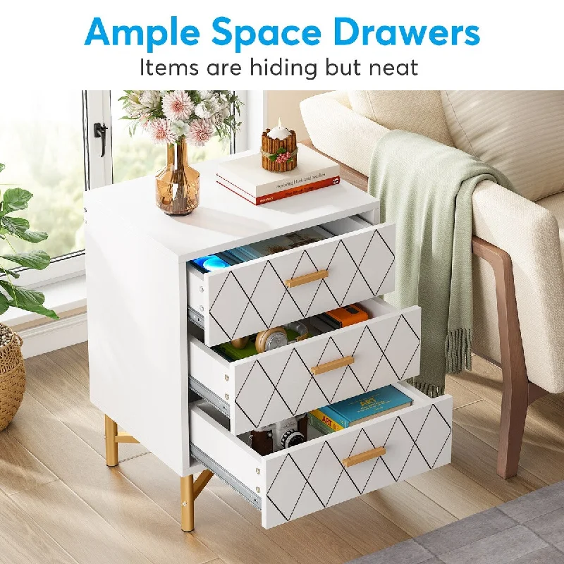 3-Drawer Nightstand Bedside Table, White Gold Sofa End Table