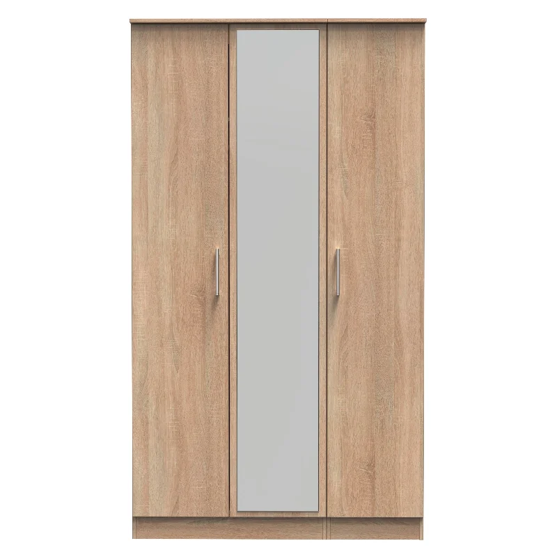 Denver Ready Assembled Wardrobe with Triple Mirror - Oak