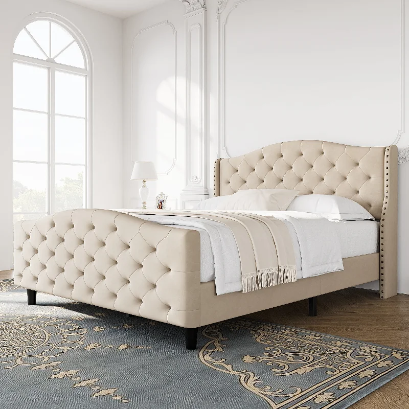 Bed Frame with Button Tufted Wingback Headboard