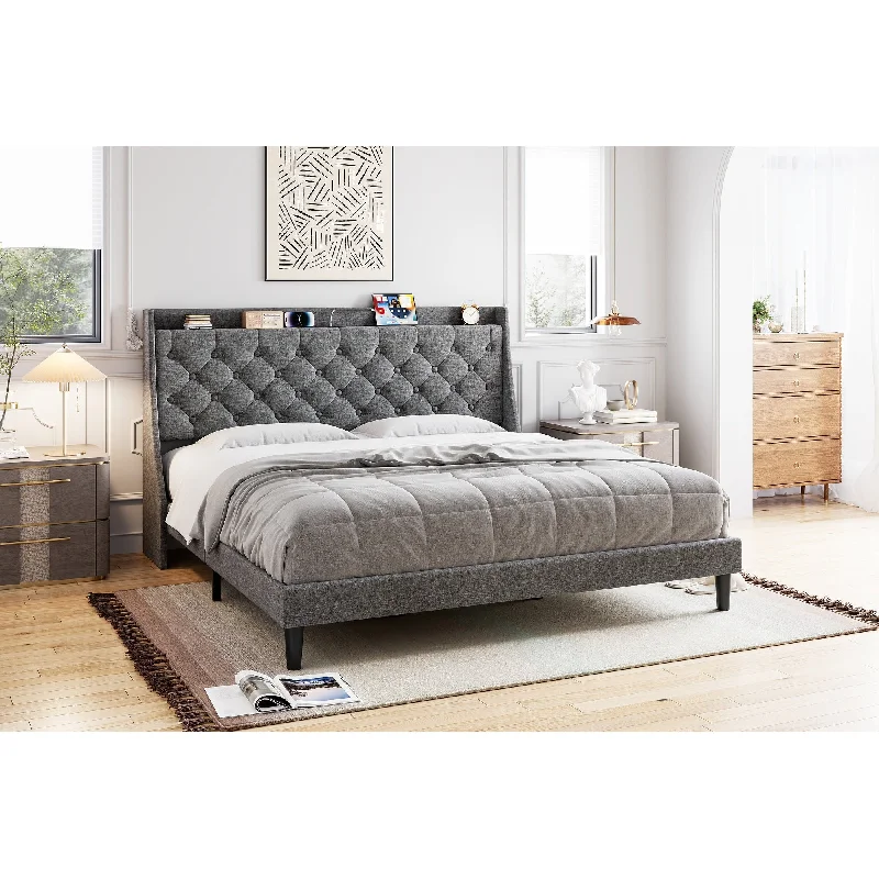 Bed Frame with Charging Ports & Storage Shelf