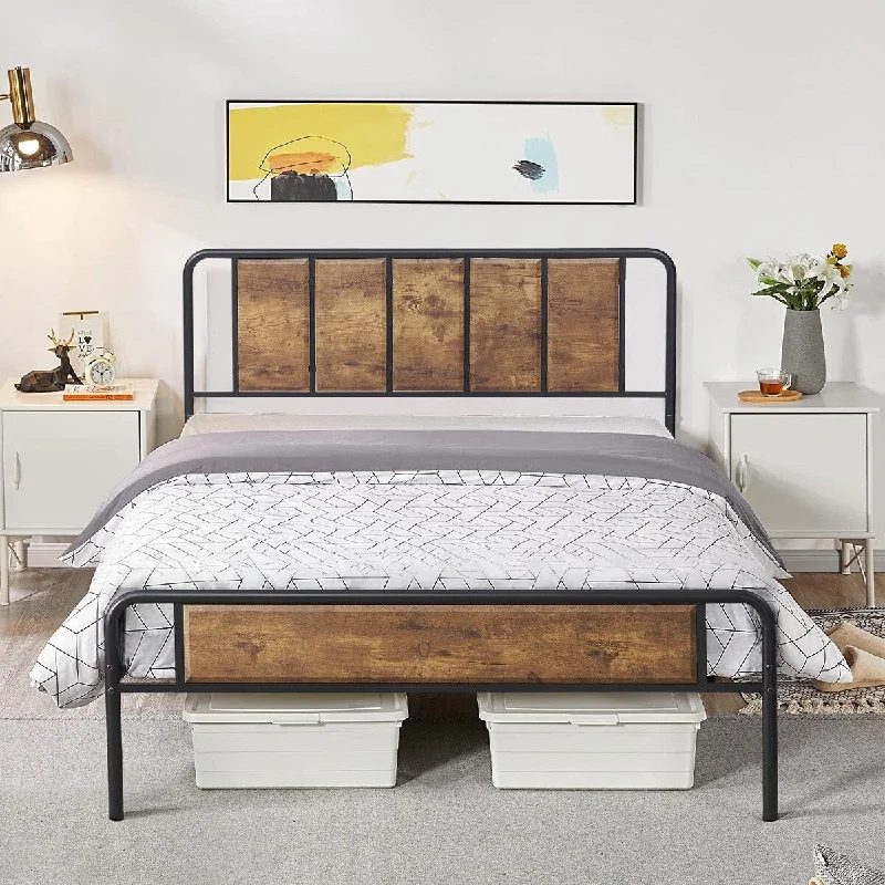 Bed Frame with Headboard, Heavy-Duty Platform with Metal Slats Support, No Box Spring Needed/Easy Assembly, Brown