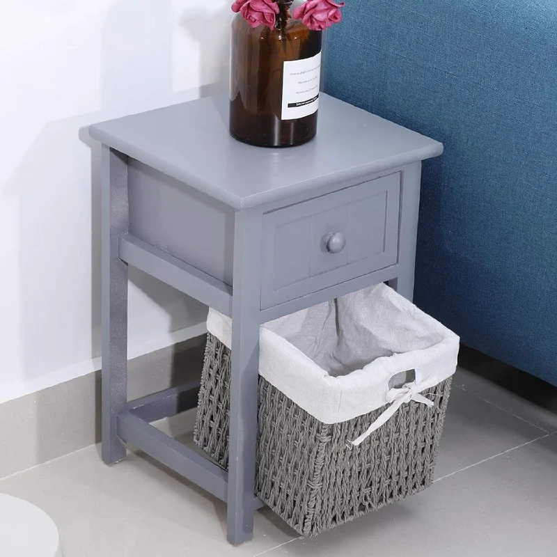 Bedroom Nightstands 2pcs, Laundry Room Storage Basket, Wooden Bedside Table Household Living Room Night Stand with Drawer (Grey)