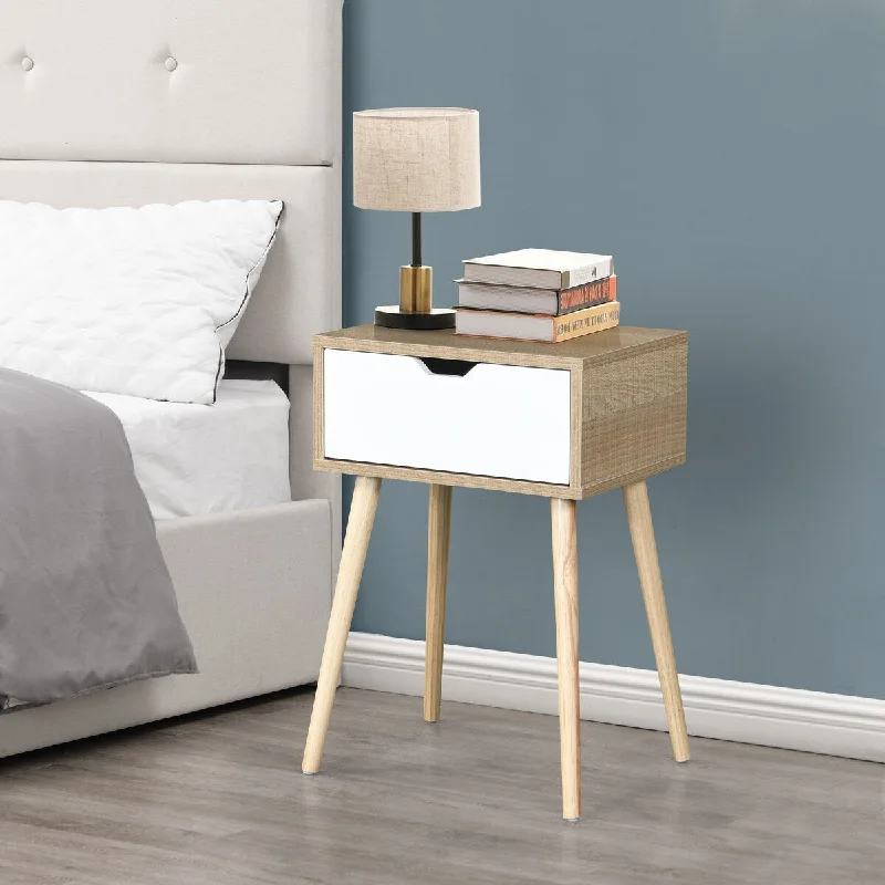 Bedroom Side Table, White Nightstand with Rubber Wood Legs, Mid-Century Modern Storage Cabinet with 2 Drawer, Floor Cabinet