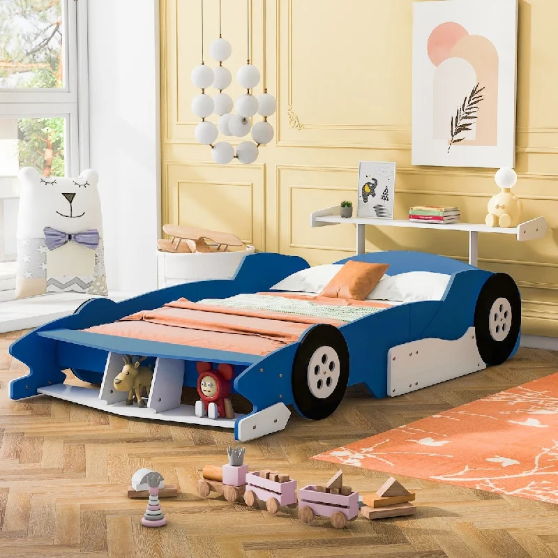 Blue Cool Pine Wood Race Car Platform Bed with Rear Wing and Front Spoiler, Safety Rails, Wheels, Easy Assembly