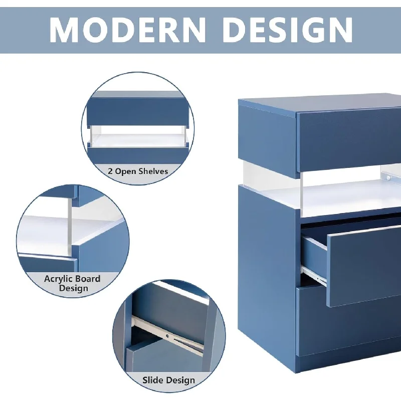 Blue Nightstands, LED Bedside Tables with Acrylic Board, Bedroom End Table, Kitchen Small Storage Sideboard with 3 Drawers