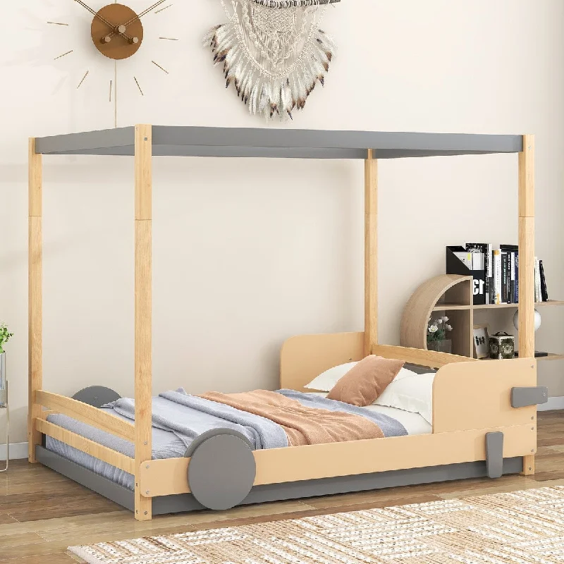 Canopy Design Full Size Car Shaped Natural and Grey Canopy Platform Bed with Wheels and Solid Pine Wood Structure for Bedroom