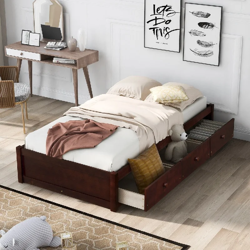 Cherry Wood Twin Platform Bed with Storage Drawers