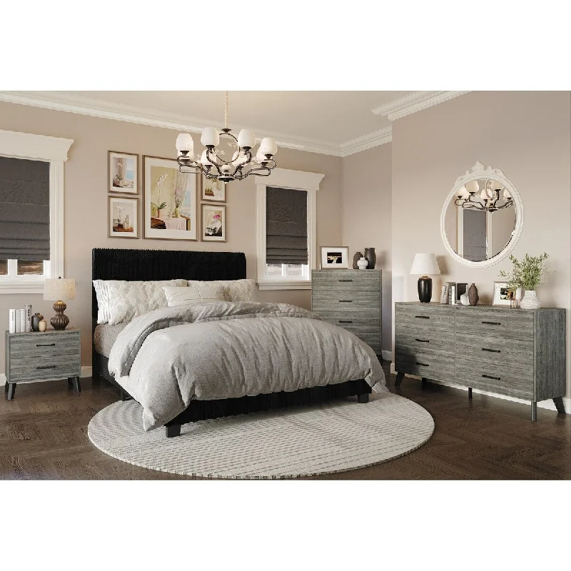 CraftPorch Corduroy 4-pieces Mid-Century Modern Black Bed with Dark Grey Furniture Bedroom Set