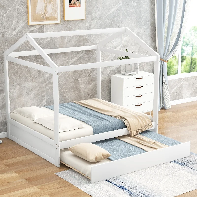 Customizable and Functional Full Size House Bed with Trundle, Support Legs, Compact Canopy Bed Made of Solid Wood