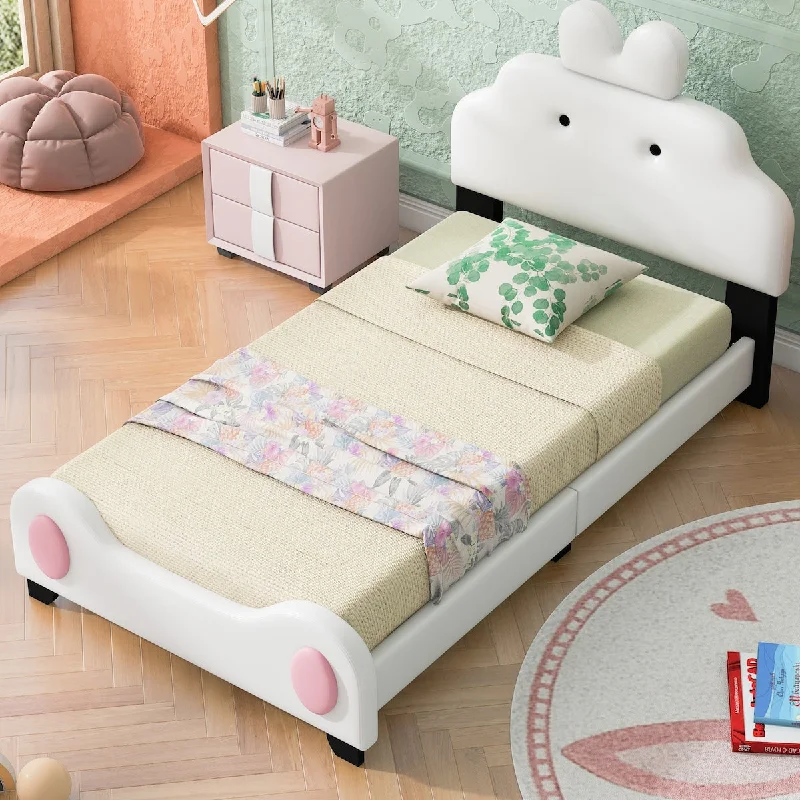 Cute Twin Platform Bed with Animal Motifs, No Box Spring Required, White+Pink