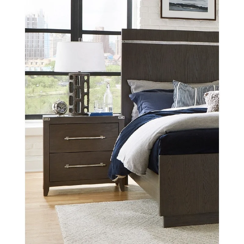 Dark Brown Finish 1pc 2 Drawers Nightstand Mottled Silver Tone Bar Pulls Modern Transitional Bedroom Furniture