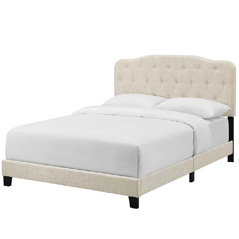 Dayton Twin Size Beige Fabric Platform Bed with Button Tufted Headboard