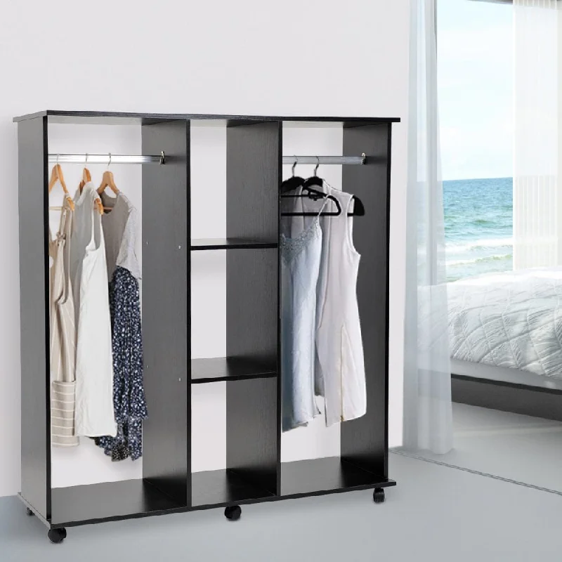 Double Mobile Open Wardrobe With Clothes Hanging Rails Storage Shelves Organizer Bedroom Furniture - Black