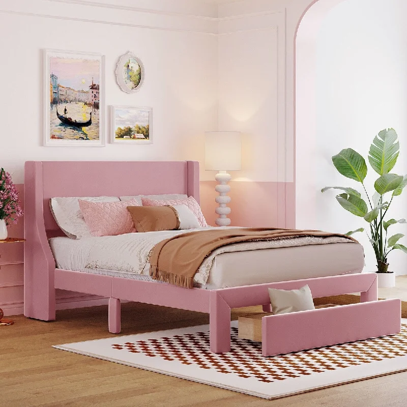 Elegant Design Full Size Storage Bed Velvet Upholstered Platform Bed with a Big Drawer, Pink