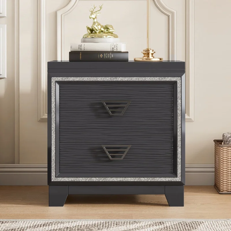 Elegant Nightstand with Metal Handle and Sparkling Shiny Decoration, Bedside Table with 2 Drawers for Bedroom, Living Room