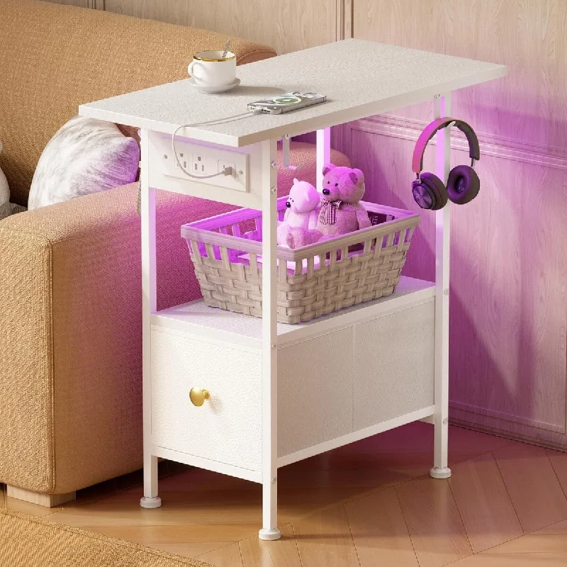 End Table with Charging Station-Bed Side Table with Drawers-Nightstand for Small Spaces-Living Room-Bedroom-White