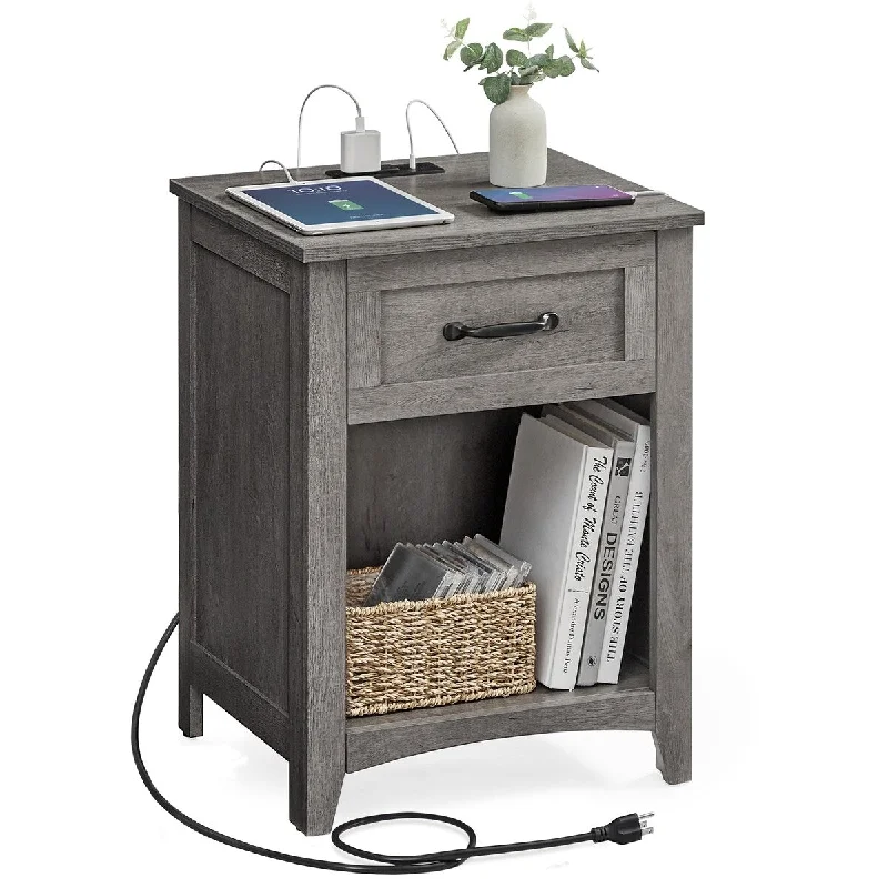 Farmhouse Nightstand with Charging Station, Bedside Table with Drawer, Open Compartment, Side Table with Storage, for Bedroom