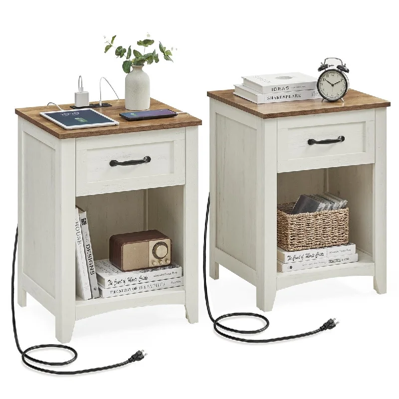 Farmhouse Nightstands with Charging Station, Set of 2, Bedside Tables with Drawer, Open Compartment, Side Tables with Storage