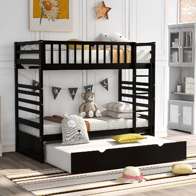 Friendly Design Twin Bunk Beds for Kids with Safety Rail and Movable Trundle Bed and High-quality Solid Pinewood for Bedroom