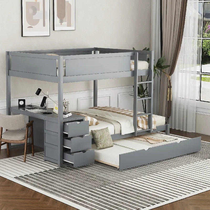 Full-Over-Full Bunk Bed with Twin size Trundle, Storage and Desk, Gray