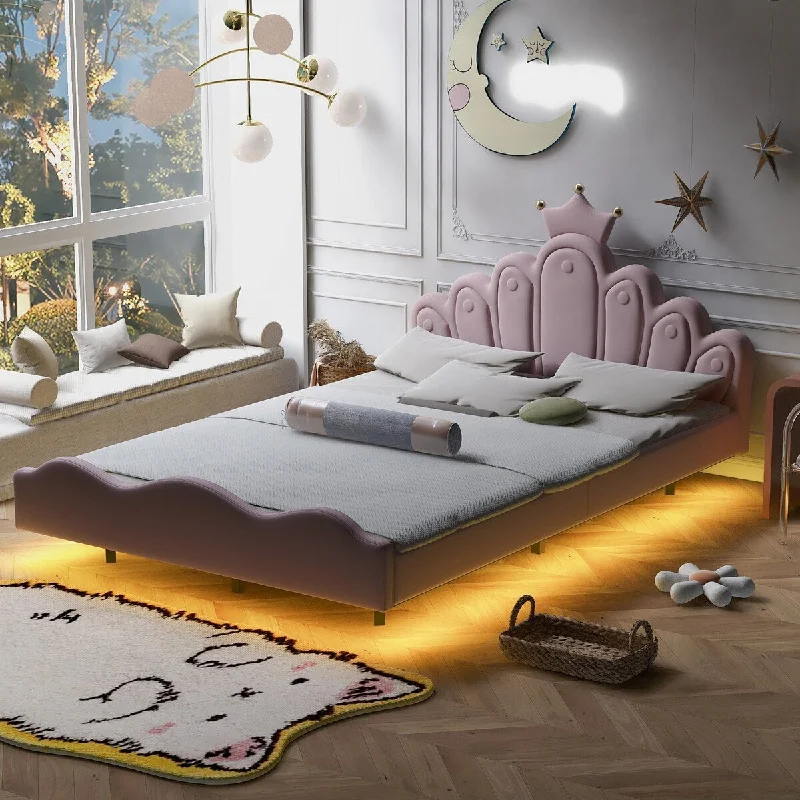 Full size Crown-shaped Platform Bed With Adjustable LED Ambient Light Strip