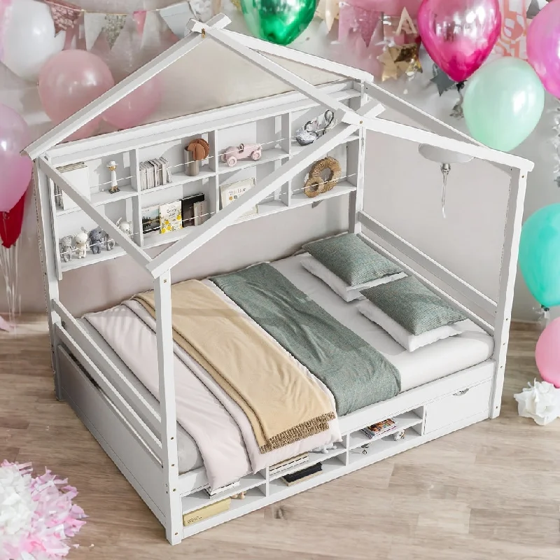 Full Size House Bed with Roof Frame,Bedside-Shelves for home