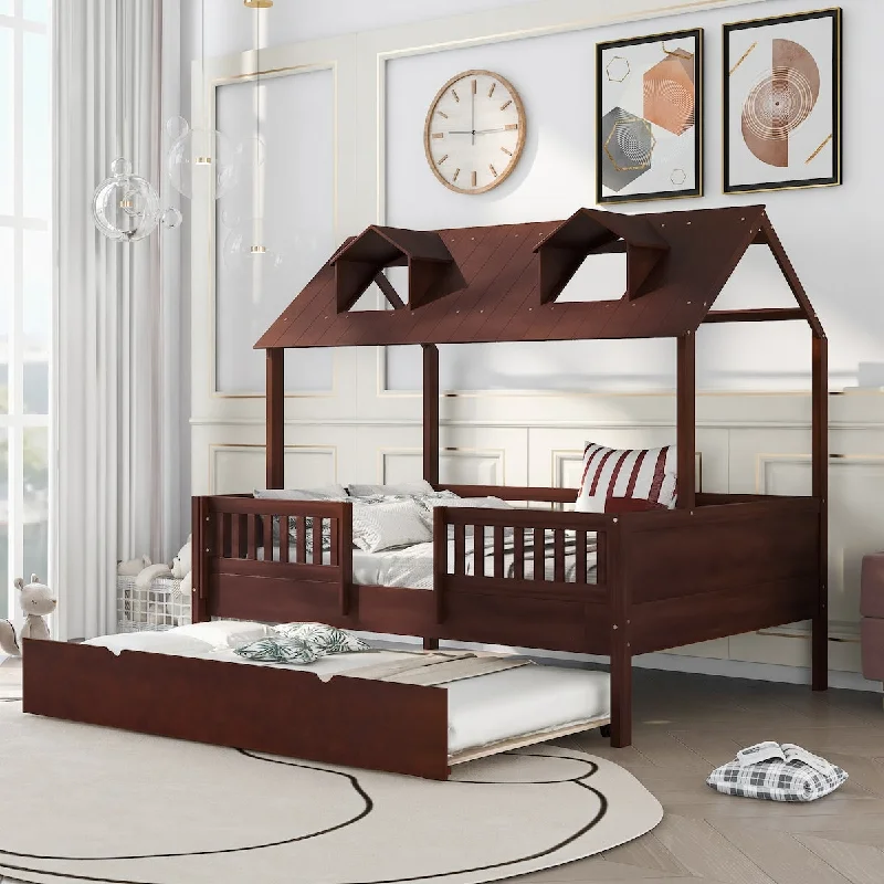 Full Size House Bed Wood Bed with Twin Size Trundle, Playhouse Design