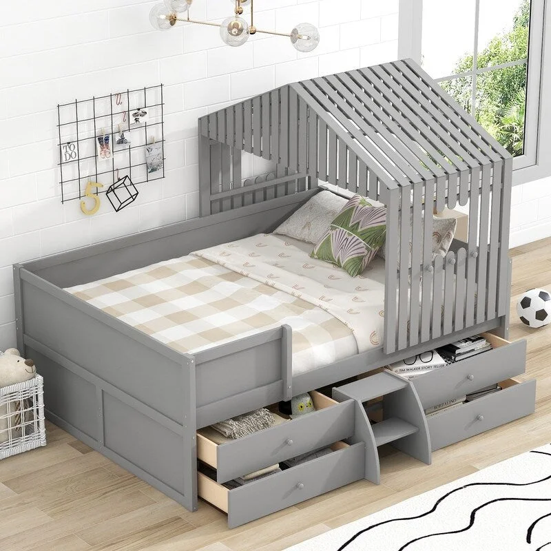 Full Size House Shape Low Loft Bed with 4 Drawers