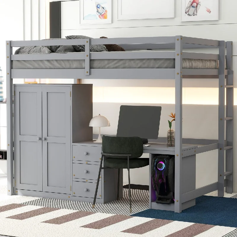 Full Size Kids Loft Bed with Desk and Wardrobe, Wood Loft Bed Frame with 3 Storage Drawers and Cabinet for Kids Teens, Gray