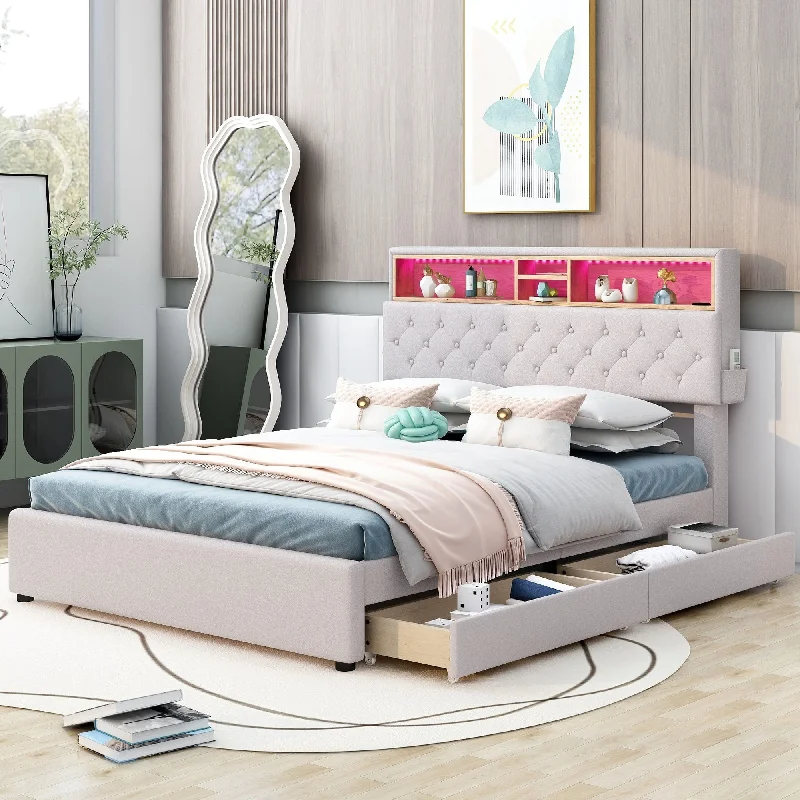 Full Size LED Upholstered Platform Bed with Storage Headboard