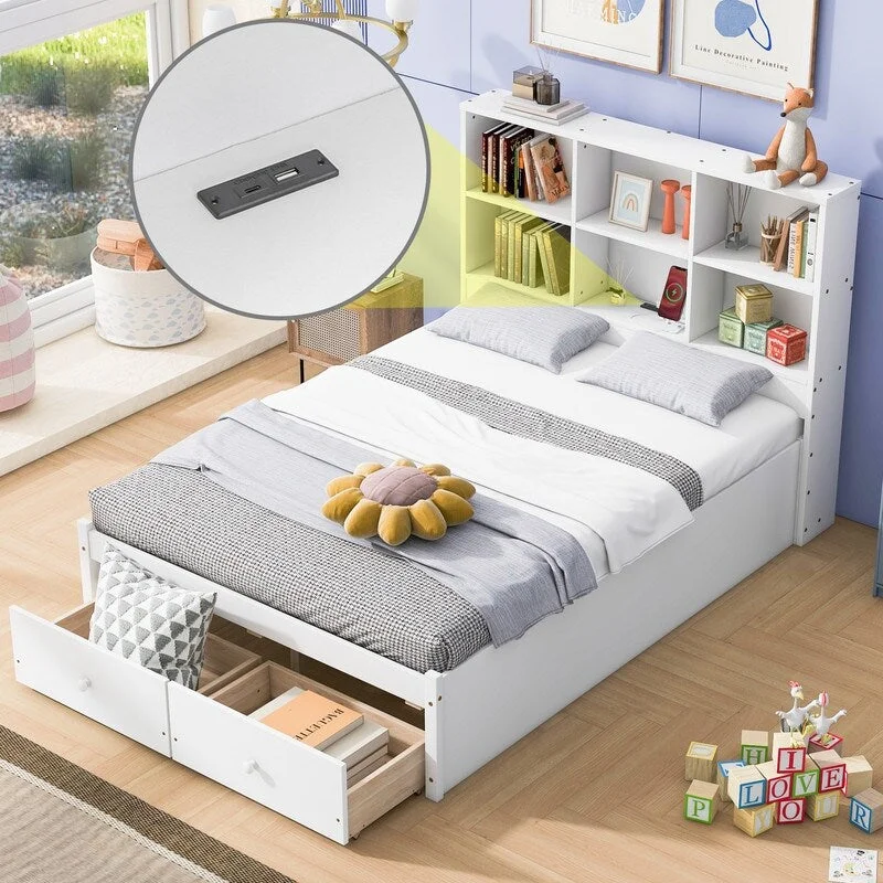 Full Size Platform Bed with Storage Headboard, 2 Drawers,Charging Station