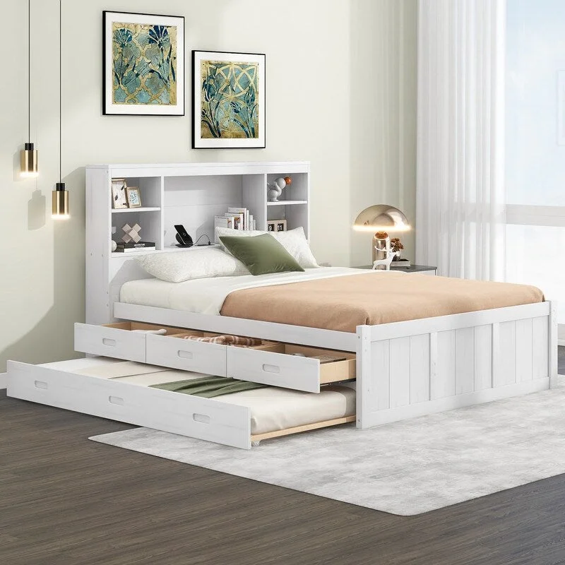 Full Size Platform Bed with Storage Headboard, Charging Station, Twin Size Trundle and 3 Drawers