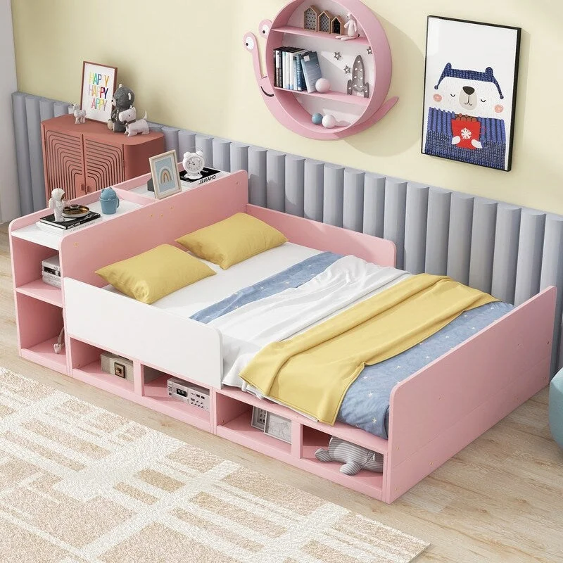 Full Size Platform Bed with Storage Headboard, Guardrails and 4 Underneath Cabinets