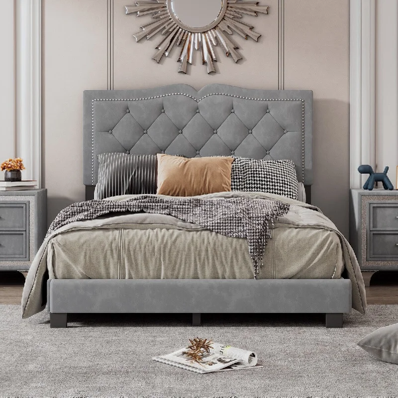 Full Size Upholstered Bed Frame with Rivet Design, Modern Velvet Platform Bed with Tufted Headboard,Grey