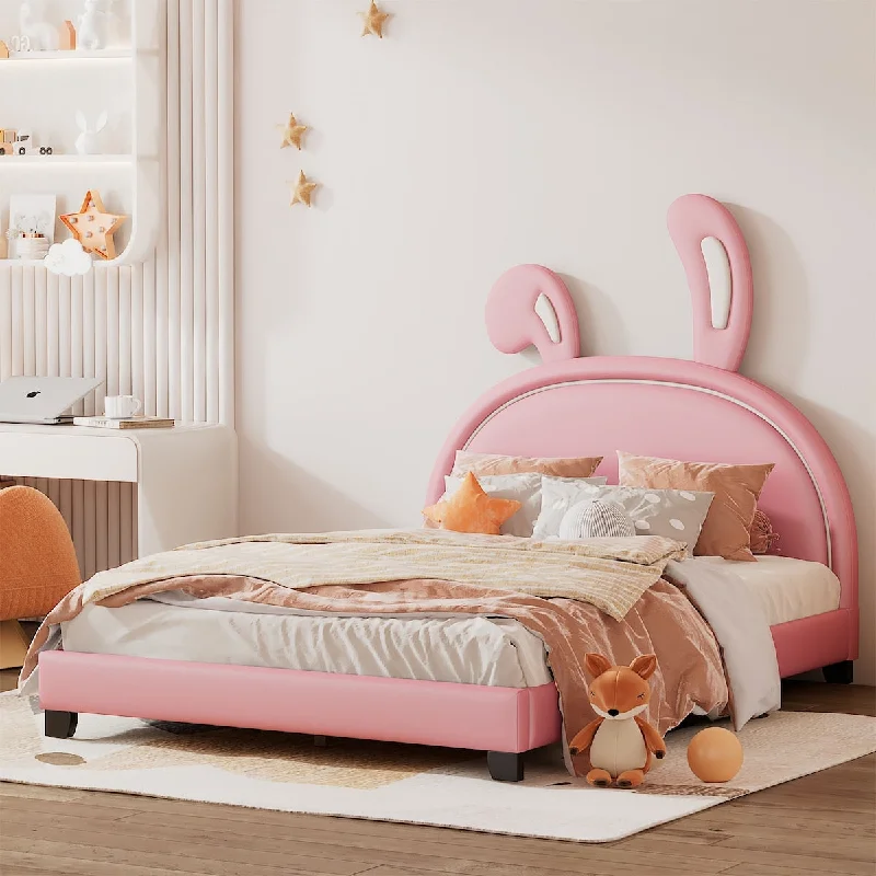 Full Size Upholstered Leather Platform Bed with Rabbit Ornament, High Load Capacity, Solid Construction, Easy Assembly