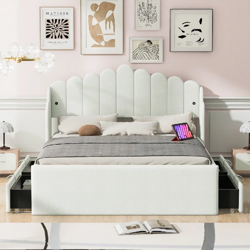 Full Size Upholstered Platform Bed with 4 Drawers and 2 USB,Beige