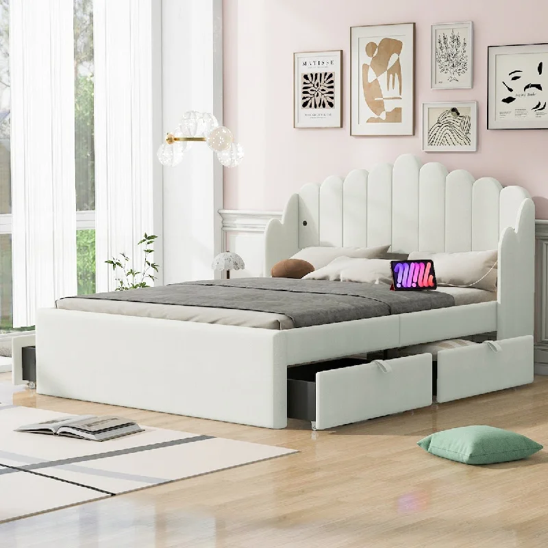 Full Size Upholstered Platform Bed with 4 Drawers and USB Ports