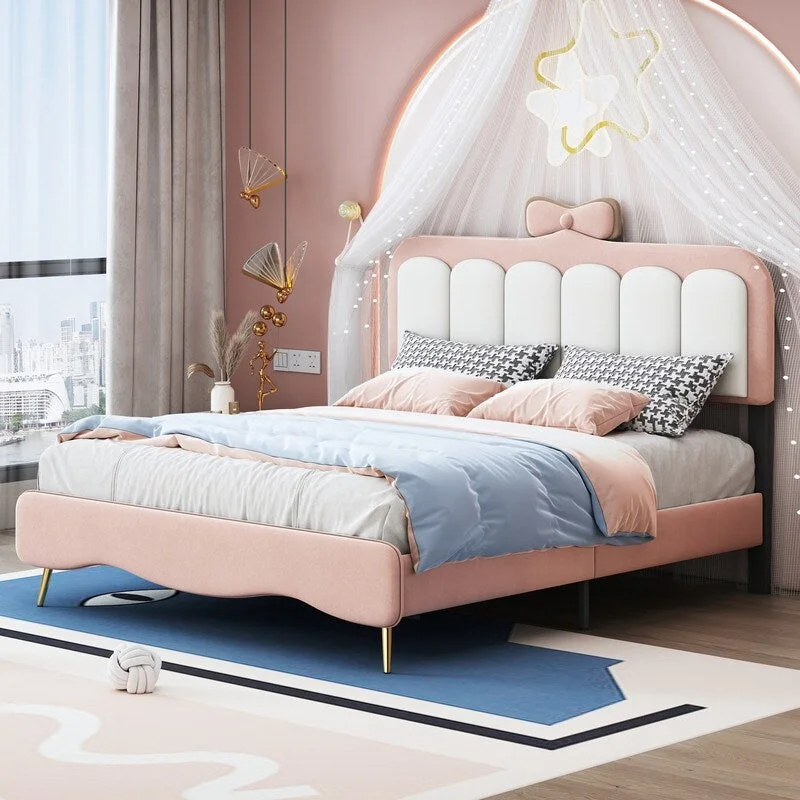 Full size Velvet Princess Bed Platform Bed With Bow-Knot Headboard