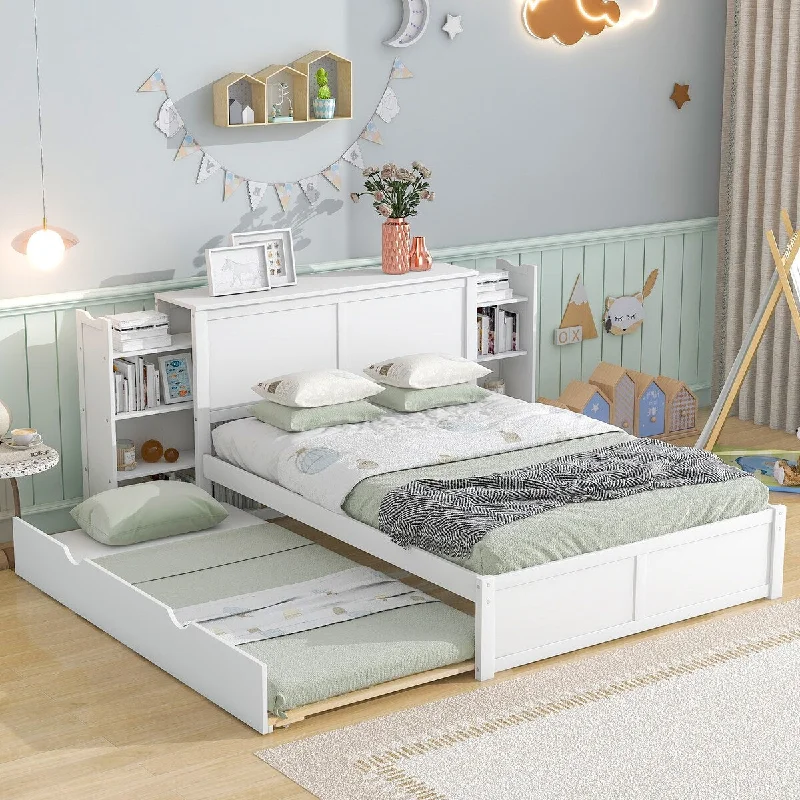 Full Size White Platform Bed with Pull-Out Shelves and Twin Trundle