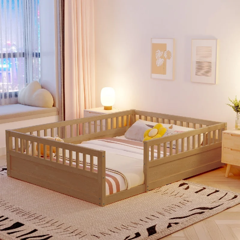 Full Size Wood Kids Floor Beds Frame with Fence and High Guardrails for Bedroom Playroom